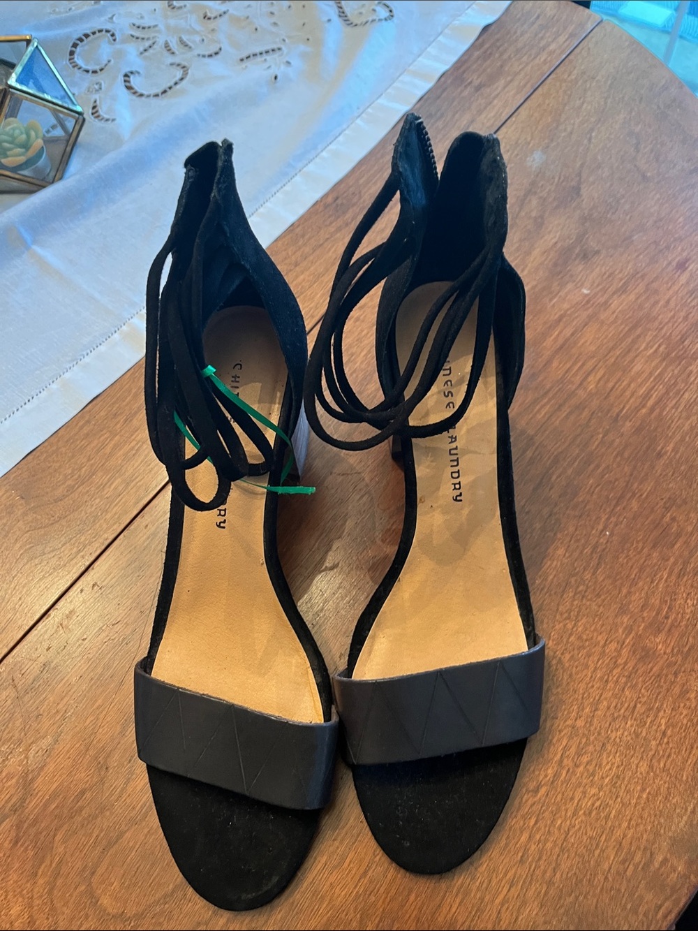 Chinese Laundry Black Suede Lace-Up Open Toe Heels